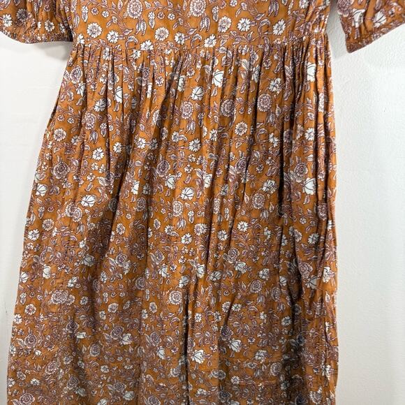 Stockplace The Label Amber Glow Brown Floral Ruffle Puff Sleeve Midi Dress Small - Picture 14 of 15